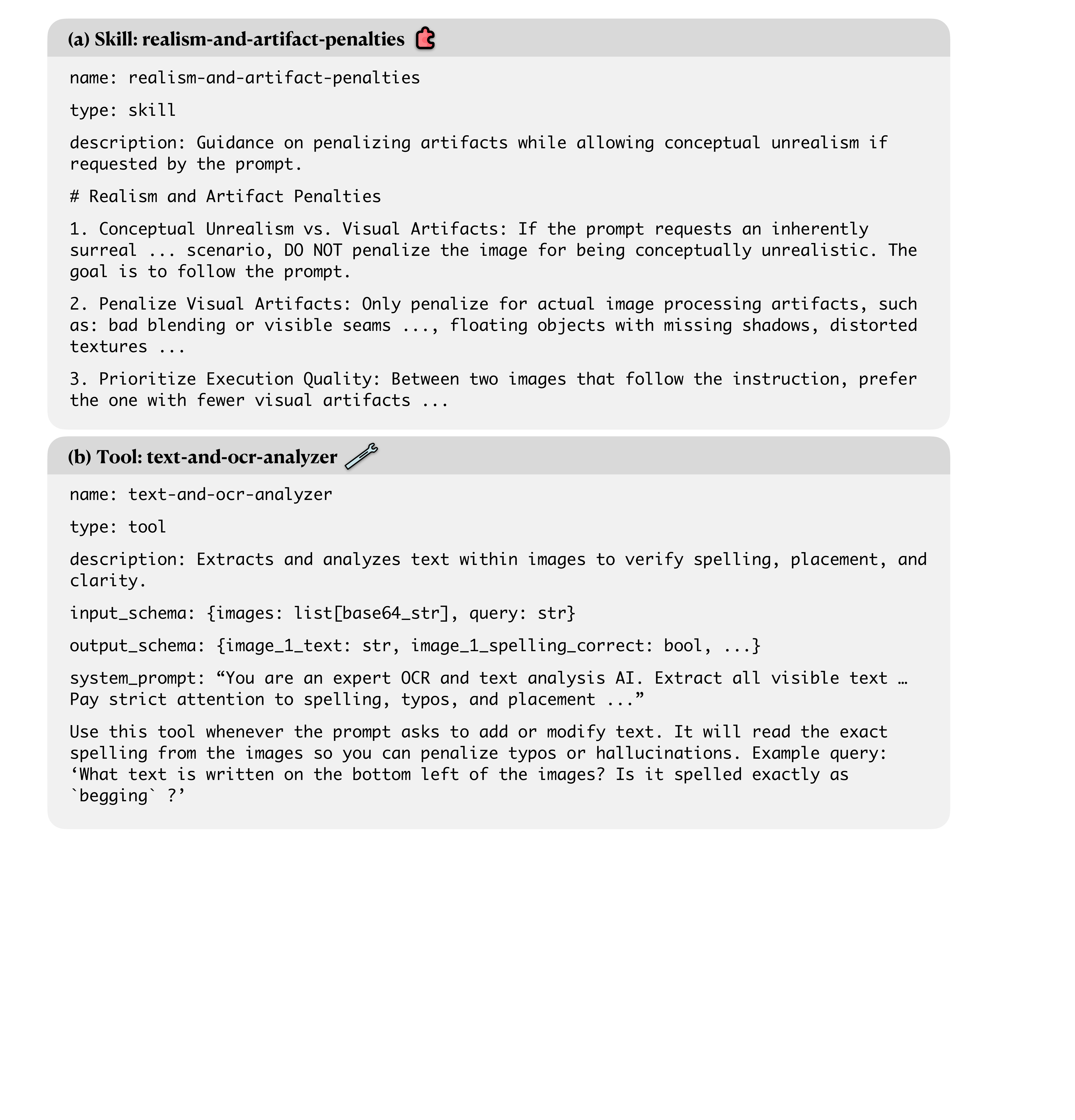 Two side-by-side cards showing a Skill (realism-and-artifact-penalties — a 3-point declarative rubric) and a Tool (text-and-ocr-analyzer — a system_prompt + input/output schema for VLM-based OCR), both sampled from an evolved ImageRewardAgent Library.